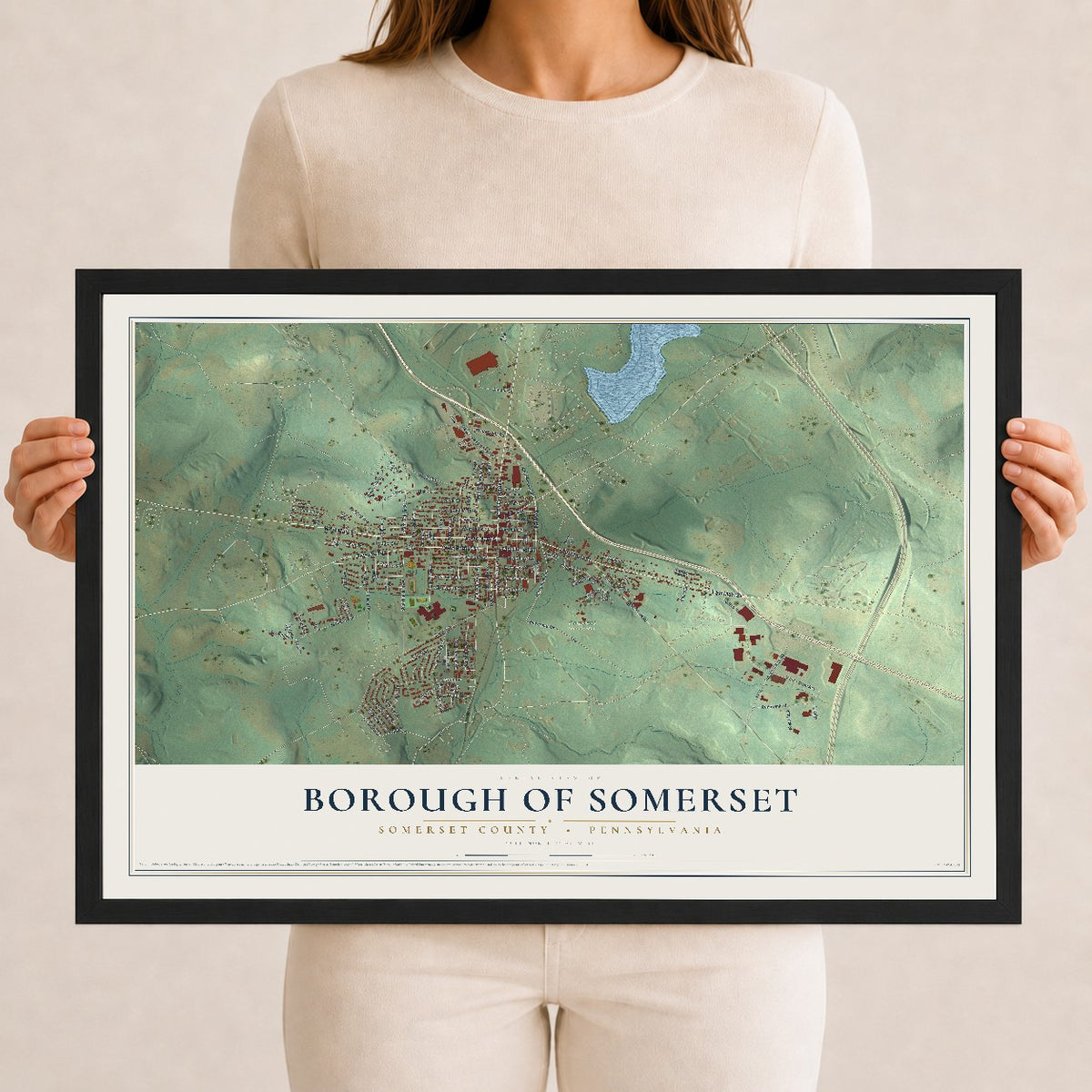 Map of the Borough of Somerset, Somerset County, Pennsylvania, 12 x 18 inch print in a black wood frame