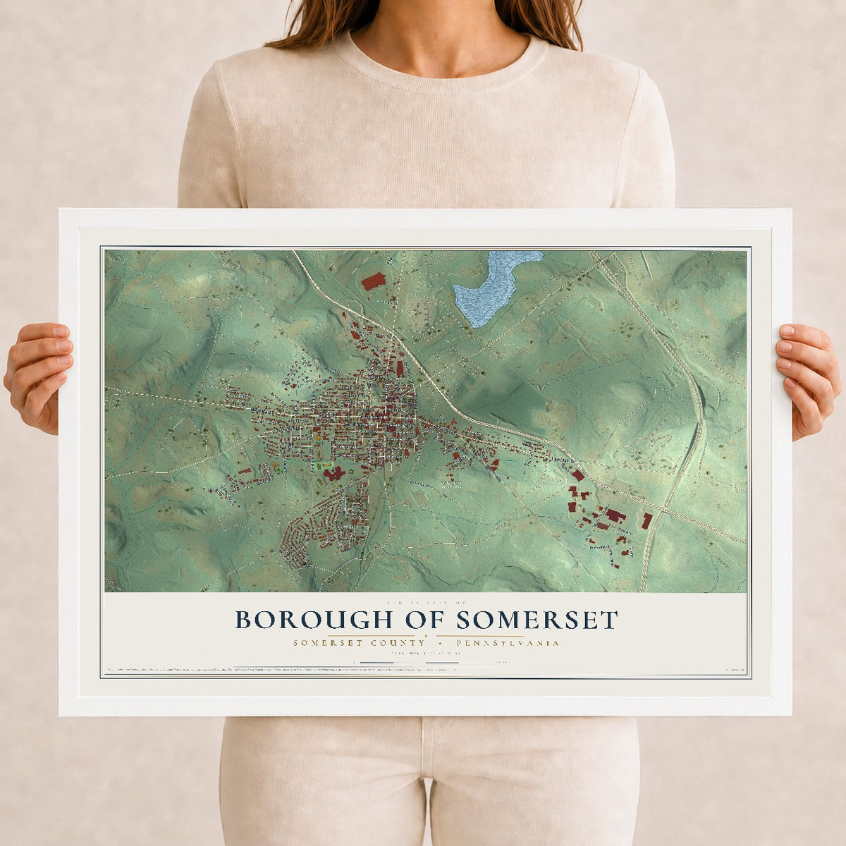 Map of the Borough of Somerset, Somerset County, Pennsylvania, 12 x 18 inch print in a white wood frame