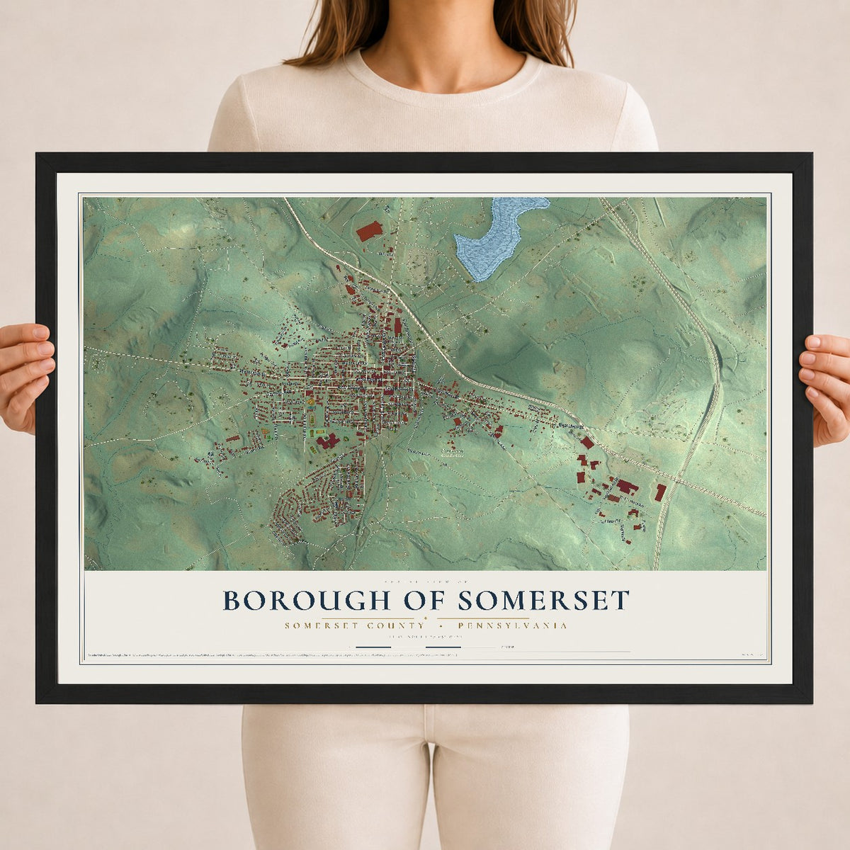 Map of the Borough of Somerset, Somerset County, Pennsylvania, 18 x 24 inch print in a black wood frame