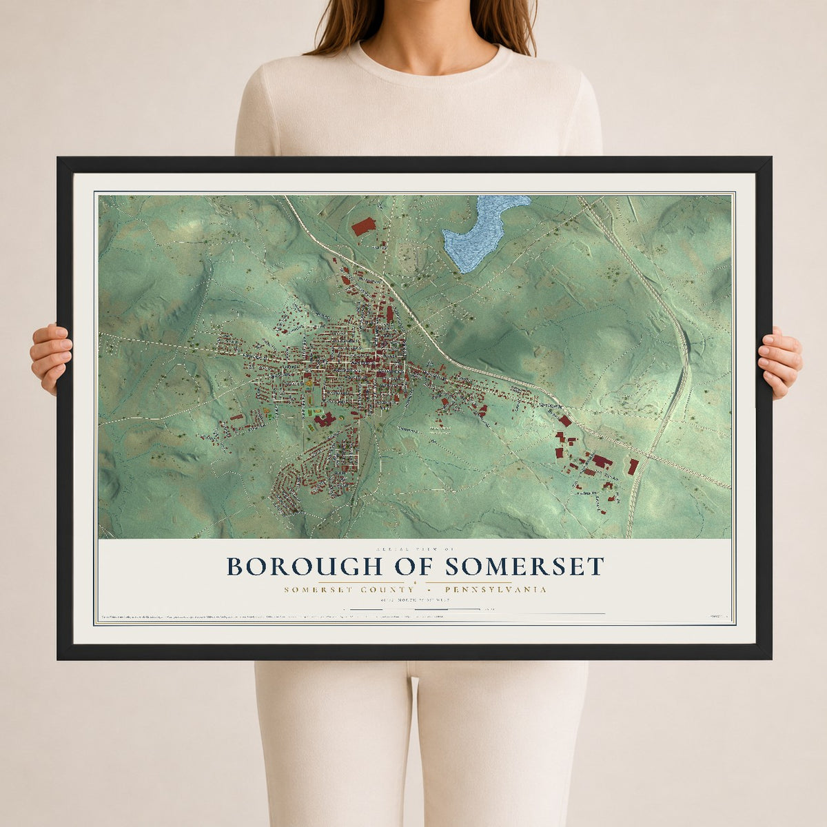 Map of the Borough of Somerset, Somerset County, Pennsylvania, 24 x 36 inch print in a black wood frame
