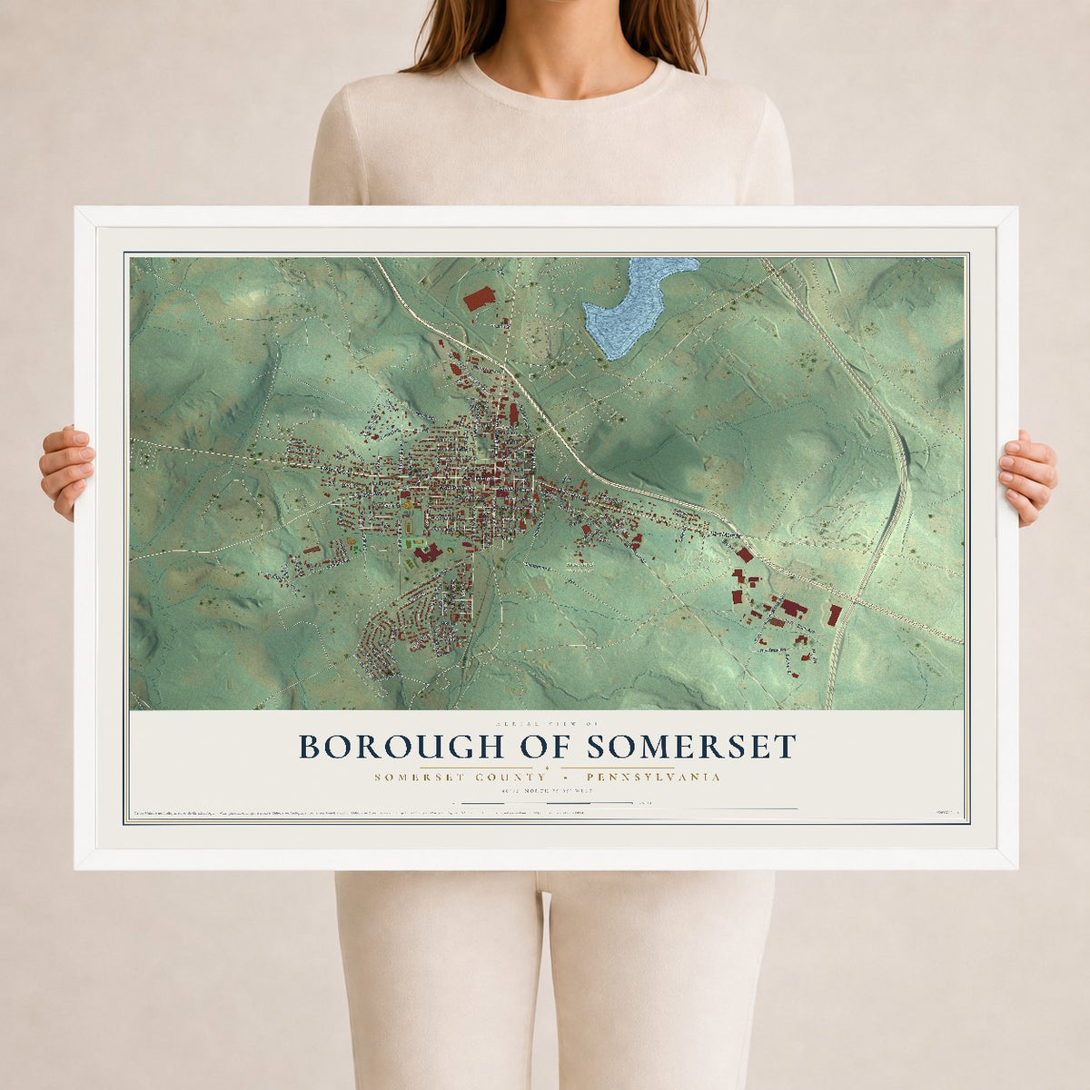 Map of the Borough of Somerset, Somerset County, Pennsylvania, 24 x 36 inch print in a white wood frame