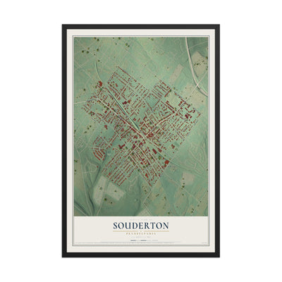 Map of Souderton, Pennsylvania, 12 x 18 inch print in a black wood frame