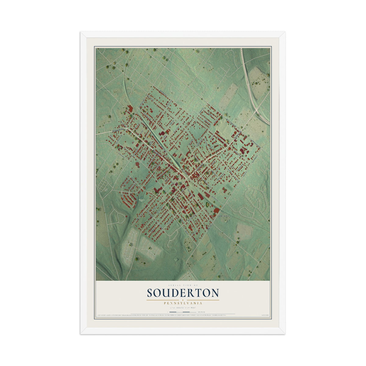 Map of Souderton, Pennsylvania, 12 x 18 inch print in a white wood frame