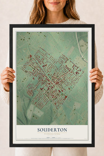 Map of Souderton, Pennsylvania, 18 x 24 inch print in a black wood frame
