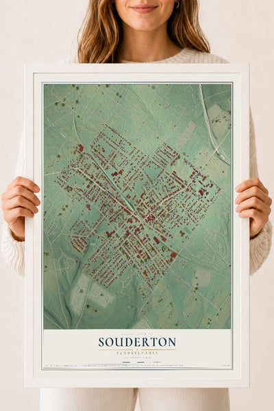 Map of Souderton, Pennsylvania, 18 x 24 inch print in a white wood frame
