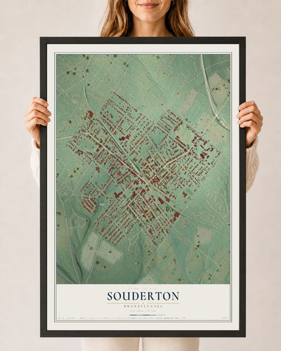 Map of Souderton, Pennsylvania, 24 x 36 inch print in a black wood frame
