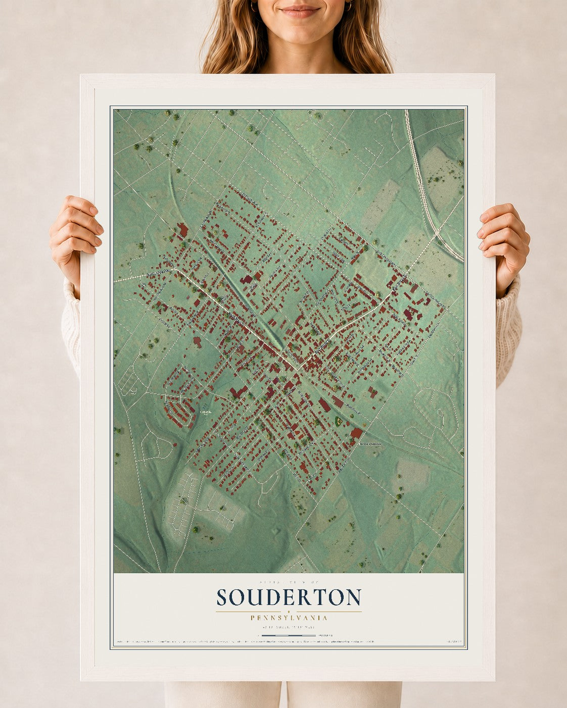 Map of Souderton, Pennsylvania, 24 x 36 inch print in a white wood frame