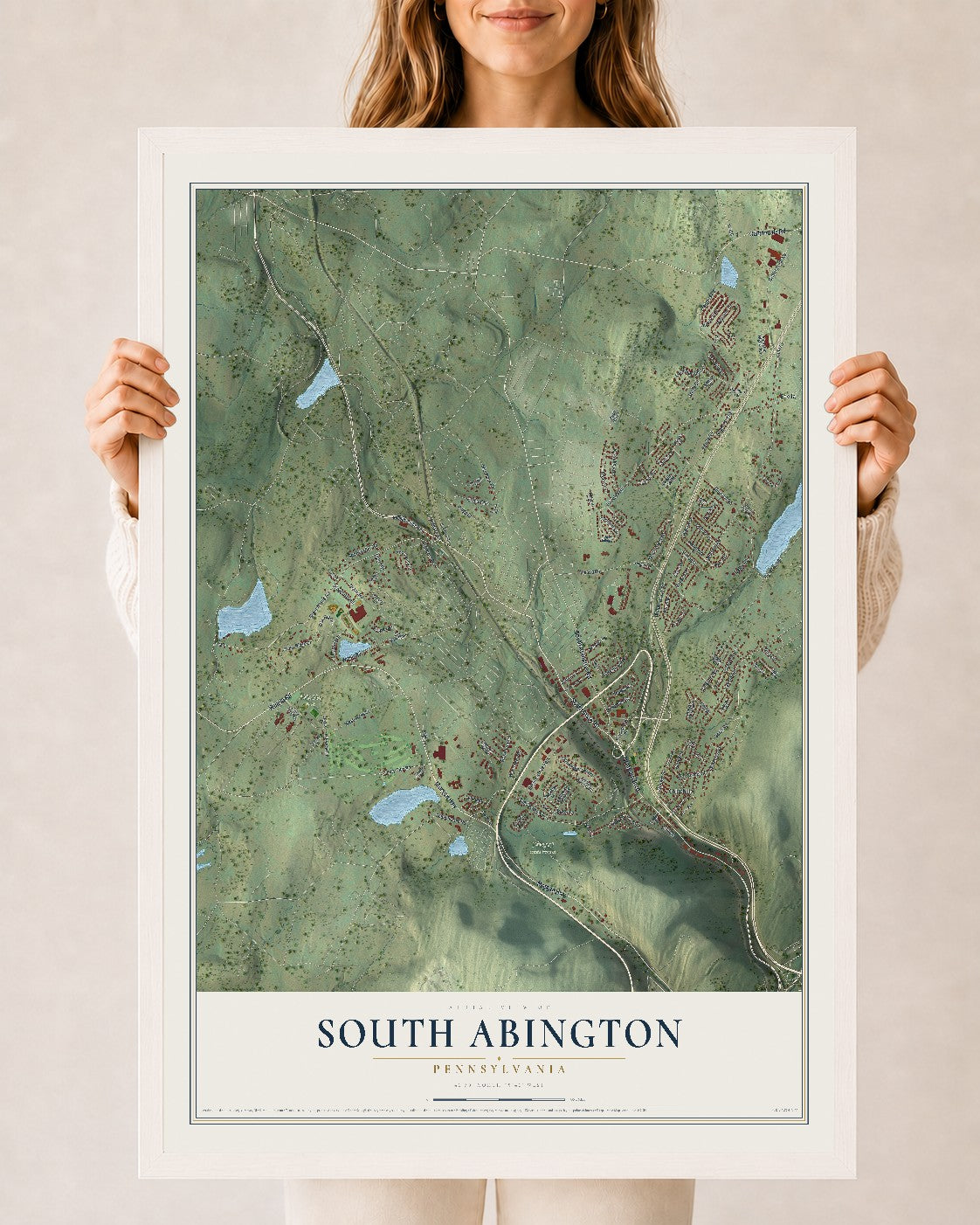Map of South Abington, Pennsylvania, 24 x 36 inch print in a white wood frame