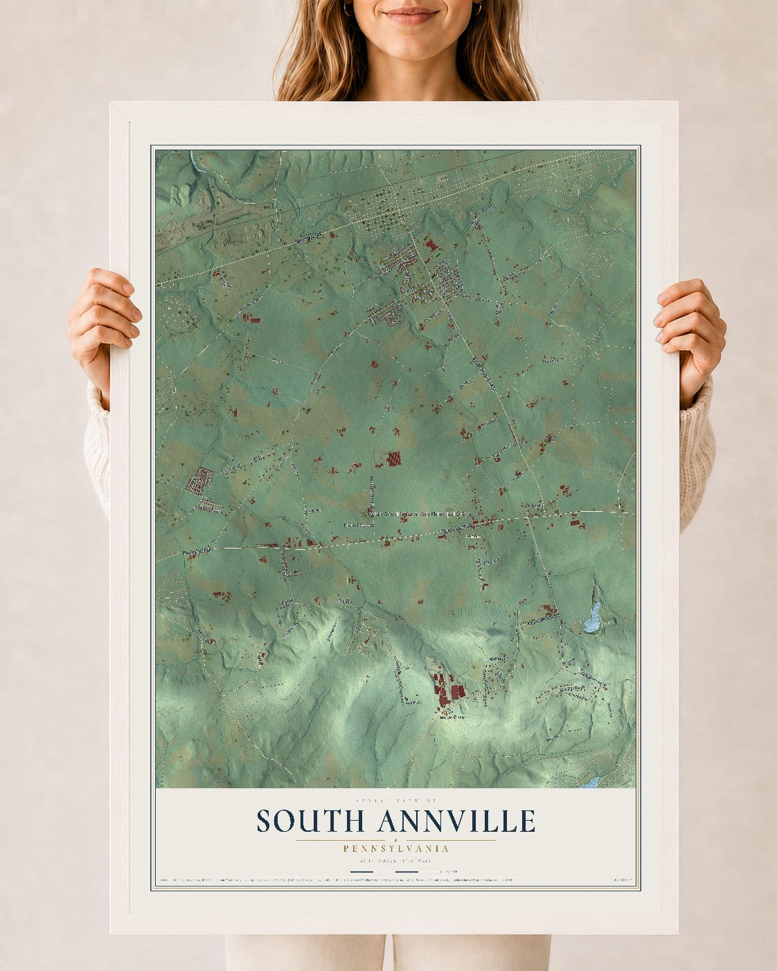 Map of South Annville, Pennsylvania, 24 x 36 inch print in a white wood frame