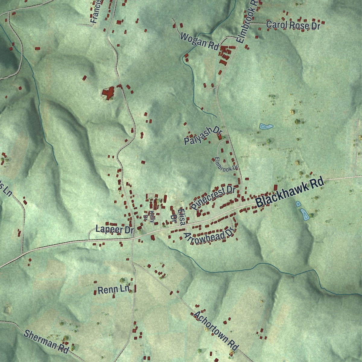Close-up of the map of South Beaver, Pennsylvania print showing street and building detail