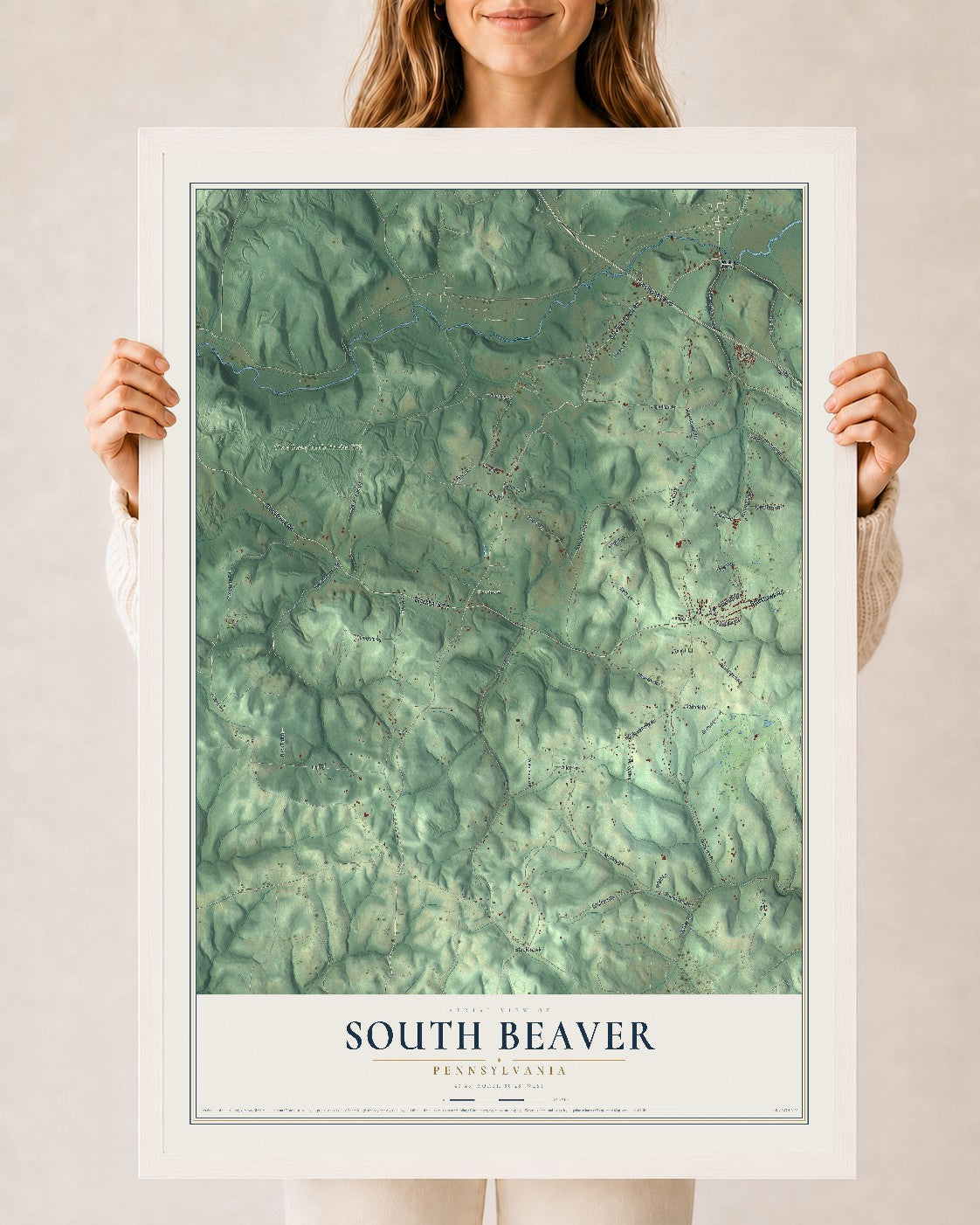 Map of South Beaver, Pennsylvania, 24 x 36 inch print in a white wood frame