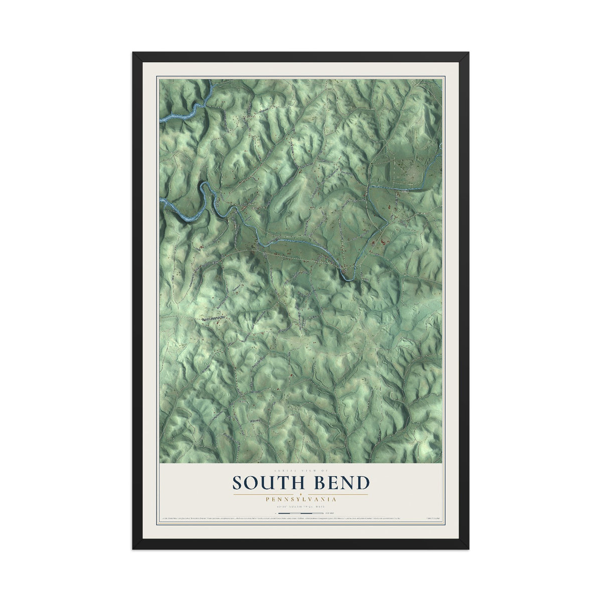 Map of South Bend, Pennsylvania, 12 x 18 inch print in a black wood frame