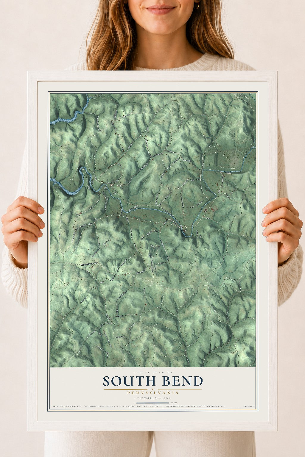 Map of South Bend, Pennsylvania, 18 x 24 inch print in a white wood frame
