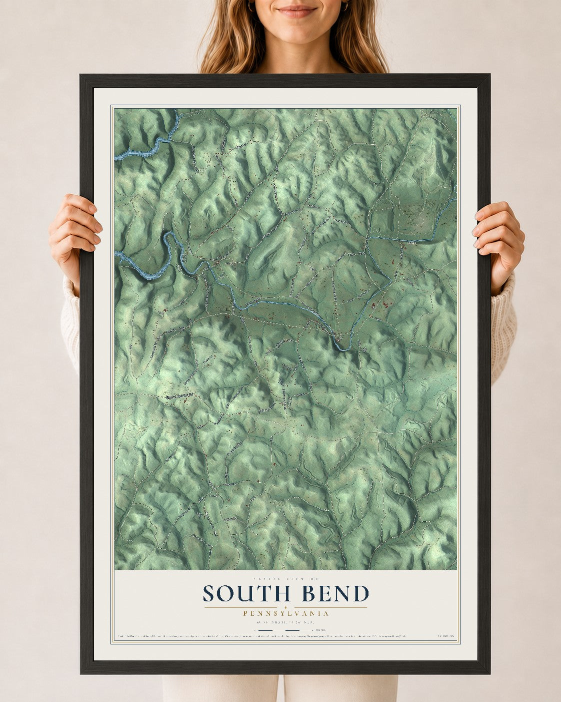 Map of South Bend, Pennsylvania, 24 x 36 inch print in a black wood frame