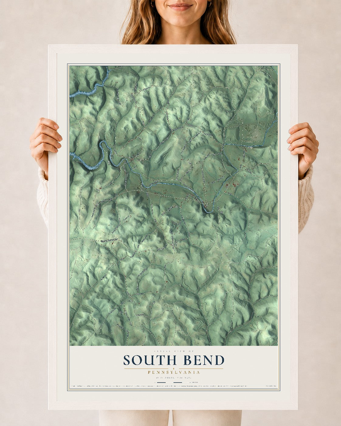 Map of South Bend, Pennsylvania, 24 x 36 inch print in a white wood frame