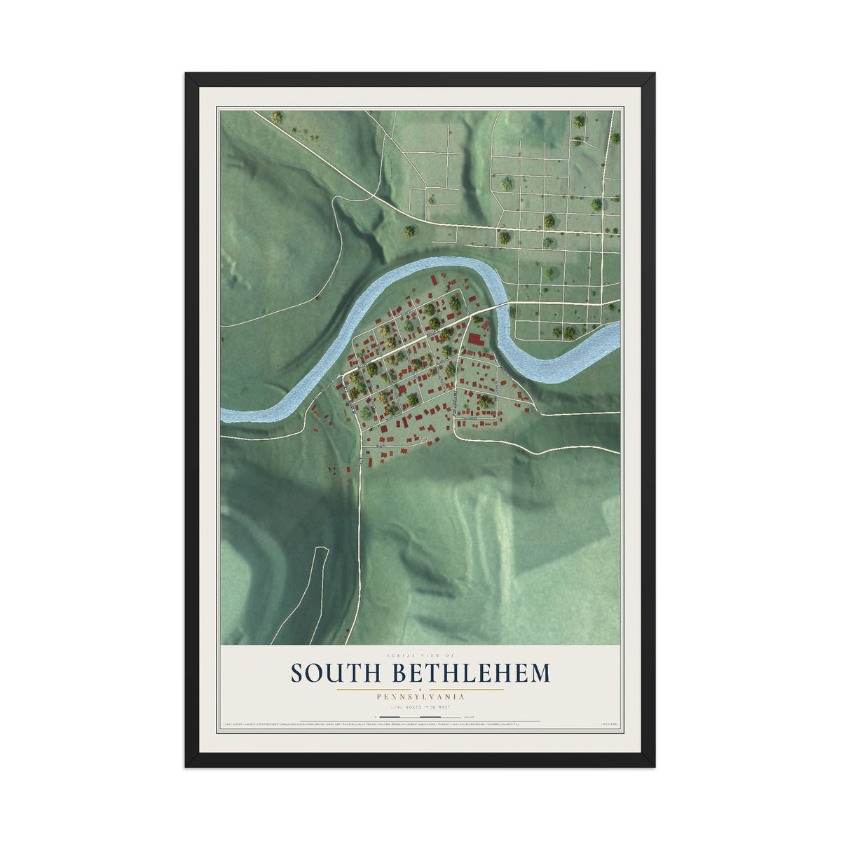 Map of South Bethlehem, Pennsylvania, 12 x 18 inch print in a black wood frame