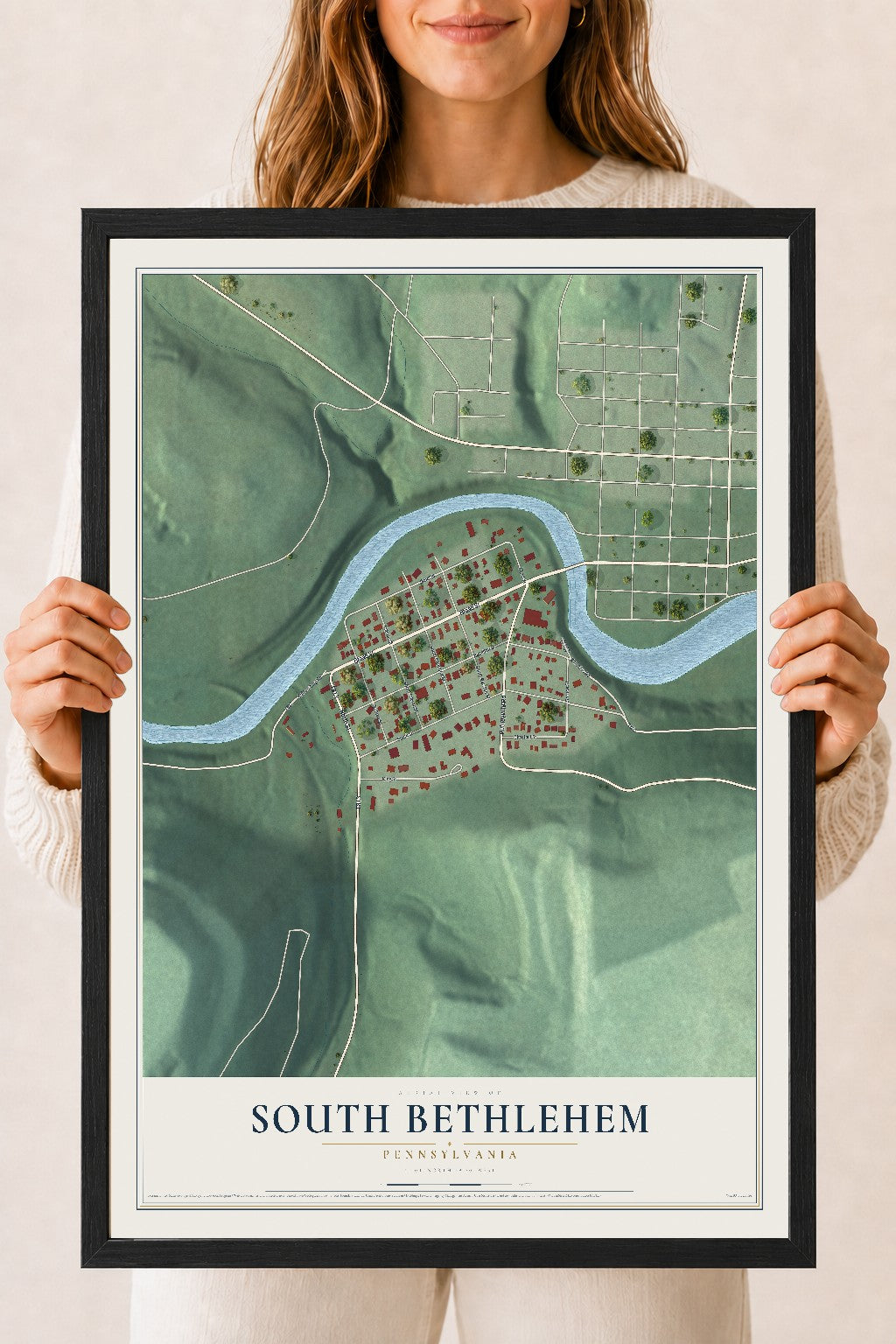 Map of South Bethlehem, Pennsylvania, 18 x 24 inch print in a black wood frame
