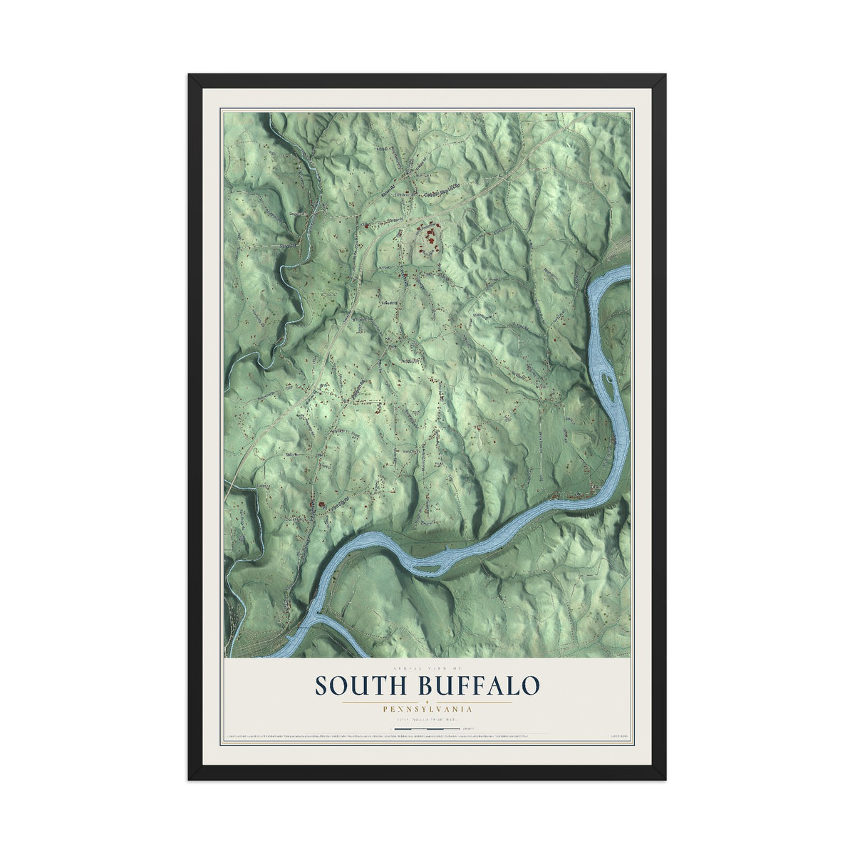 Map of South Buffalo, Pennsylvania, 12 x 18 inch print in a black wood frame