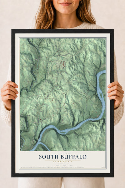 Map of South Buffalo, Pennsylvania, 18 x 24 inch print in a black wood frame