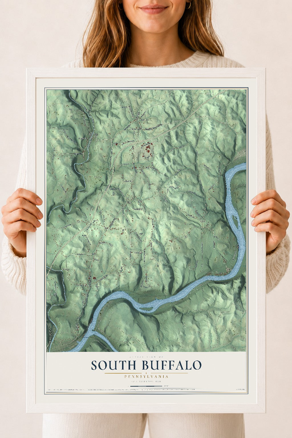 Map of South Buffalo, Pennsylvania, 18 x 24 inch print in a white wood frame