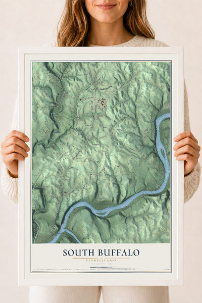 Map of South Buffalo, Pennsylvania, 18 x 24 inch print in a white wood frame
