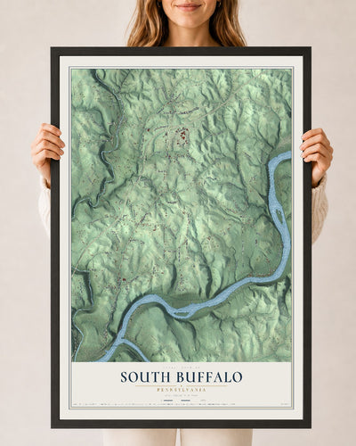 Map of South Buffalo, Pennsylvania, 24 x 36 inch print in a black wood frame