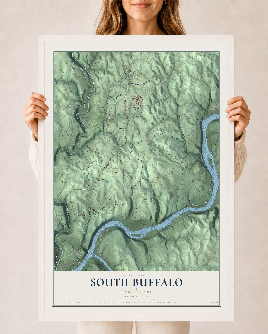 Map of South Buffalo, Pennsylvania, 24 x 36 inch print in a white wood frame