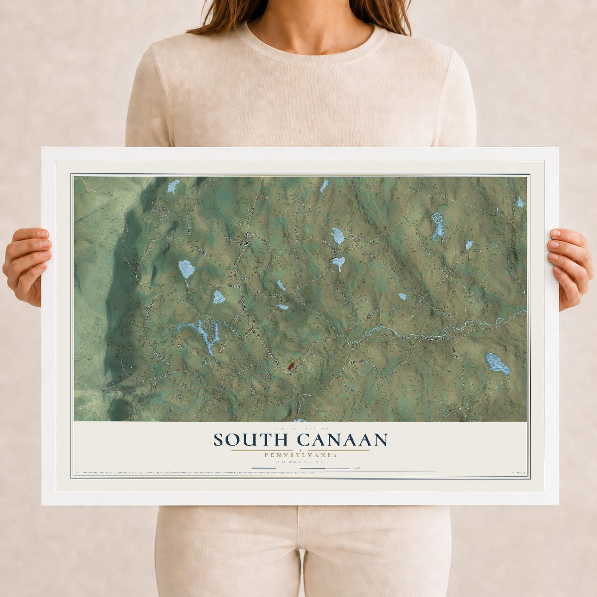 Map of South Canaan, Pennsylvania, 12 x 18 inch print in a white wood frame