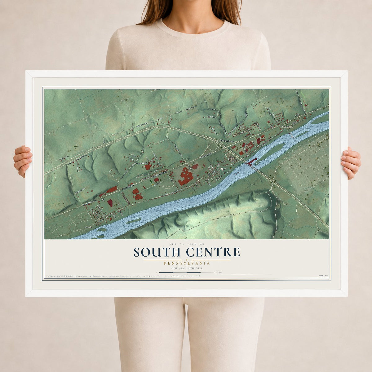 Map of South Centre, Pennsylvania, 24 x 36 inch print in a white wood frame