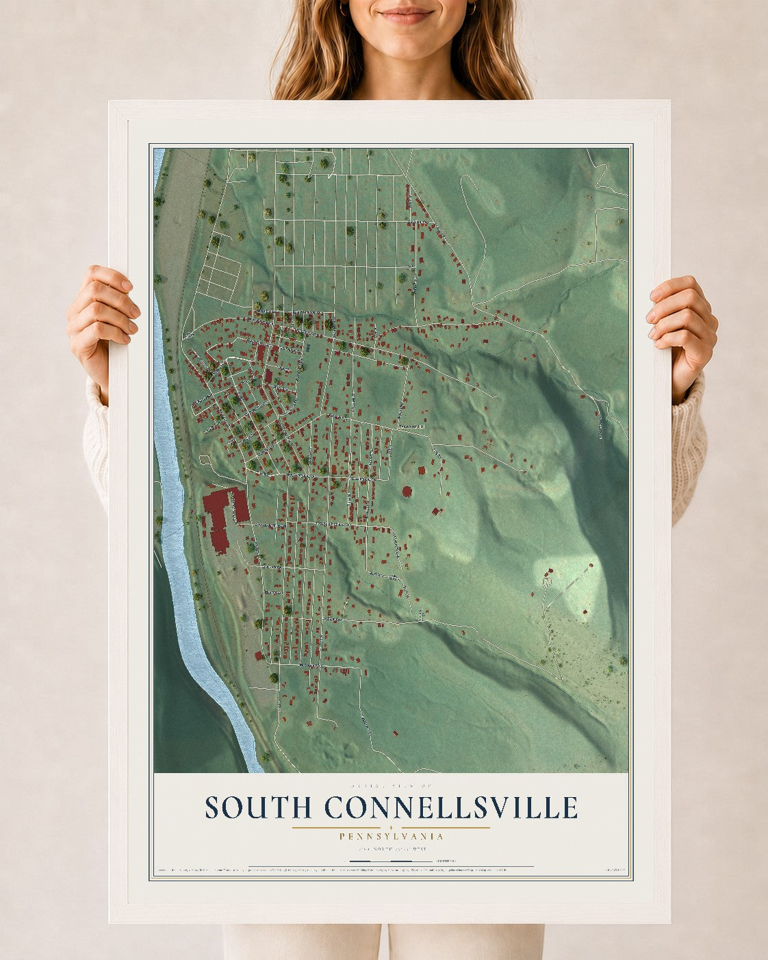 Map of South Connellsville, Pennsylvania, 24 x 36 inch print in a white wood frame