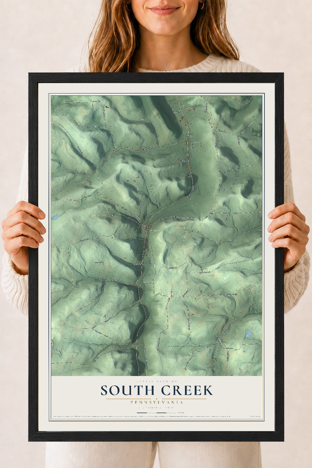 Map of South Creek, Pennsylvania, 18 x 24 inch print in a black wood frame
