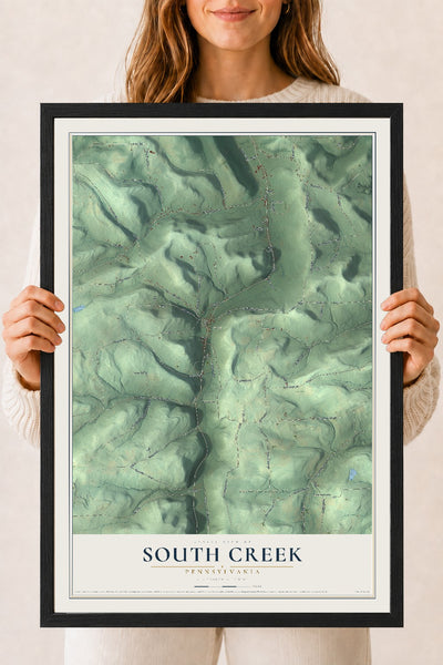 Map of South Creek, Pennsylvania, 18 x 24 inch print in a black wood frame