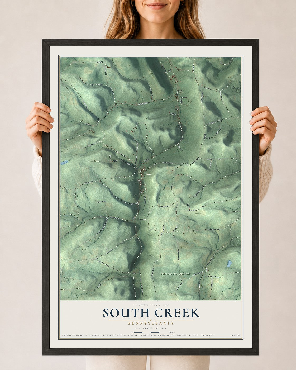 Map of South Creek, Pennsylvania, 24 x 36 inch print in a black wood frame