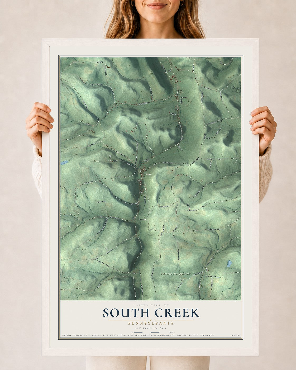 Map of South Creek, Pennsylvania, 24 x 36 inch print in a white wood frame