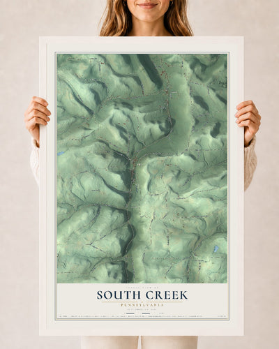 Map of South Creek, Pennsylvania, 24 x 36 inch print in a white wood frame