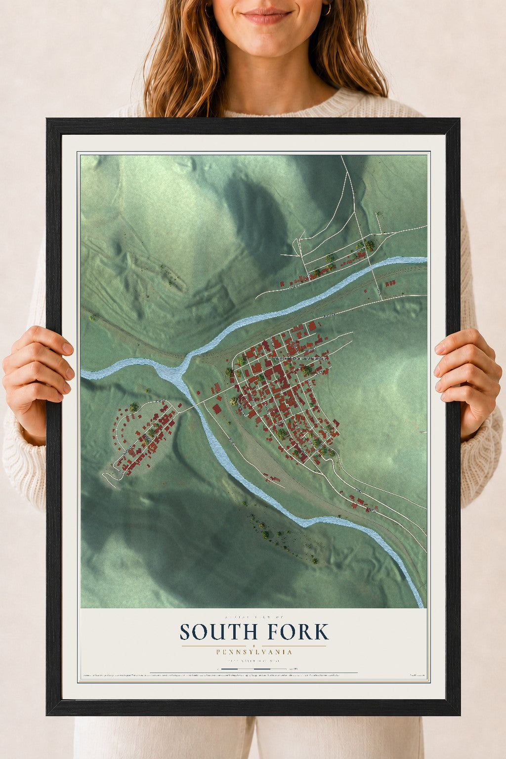 Map of South Fork, Pennsylvania, 18 x 24 inch print in a black wood frame