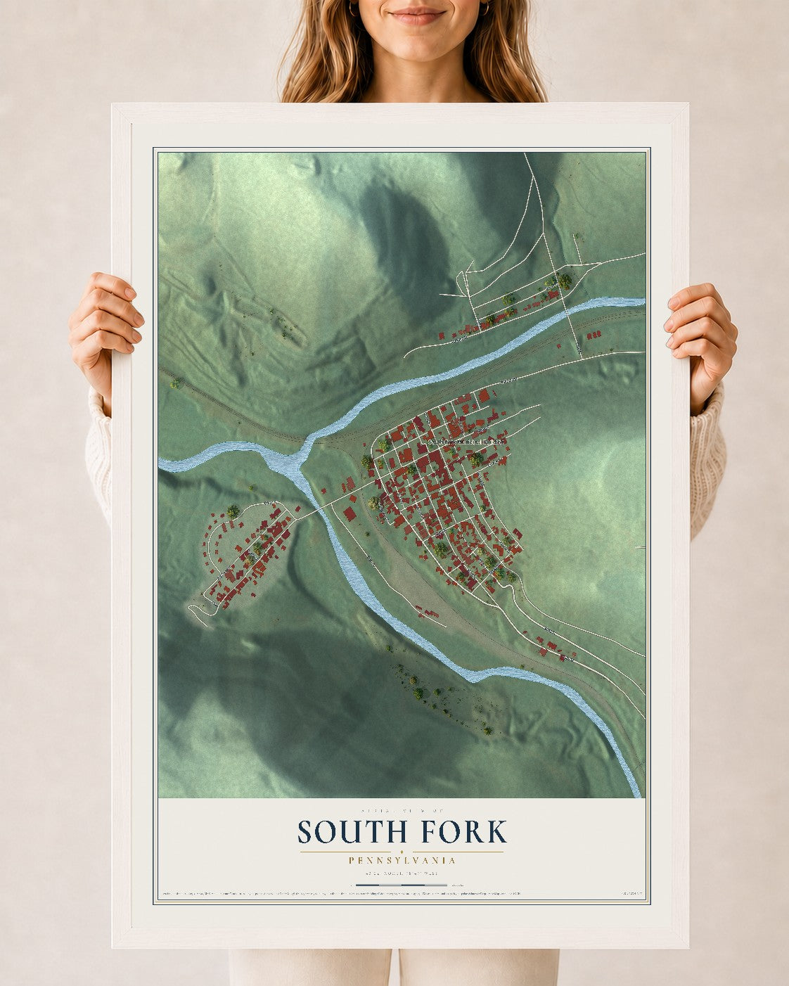 Map of South Fork, Pennsylvania, 24 x 36 inch print in a white wood frame