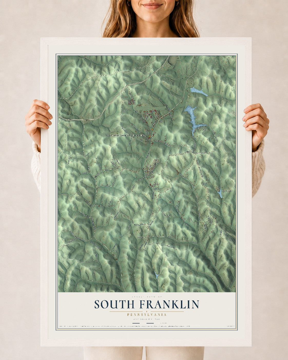 Map of South Franklin, Pennsylvania, 24 x 36 inch print in a white wood frame
