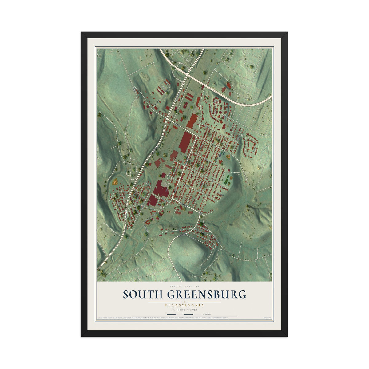 Map of South Greensburg, Pennsylvania, 12 x 18 inch print in a black wood frame