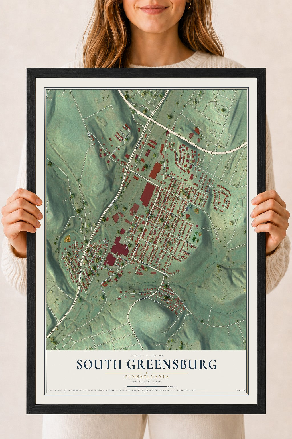 Map of South Greensburg, Pennsylvania, 18 x 24 inch print in a black wood frame