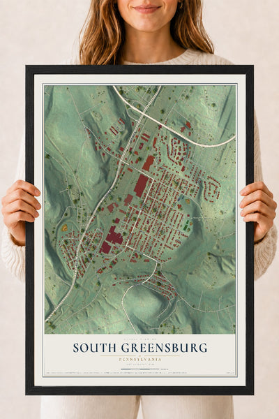 Map of South Greensburg, Pennsylvania, 18 x 24 inch print in a black wood frame