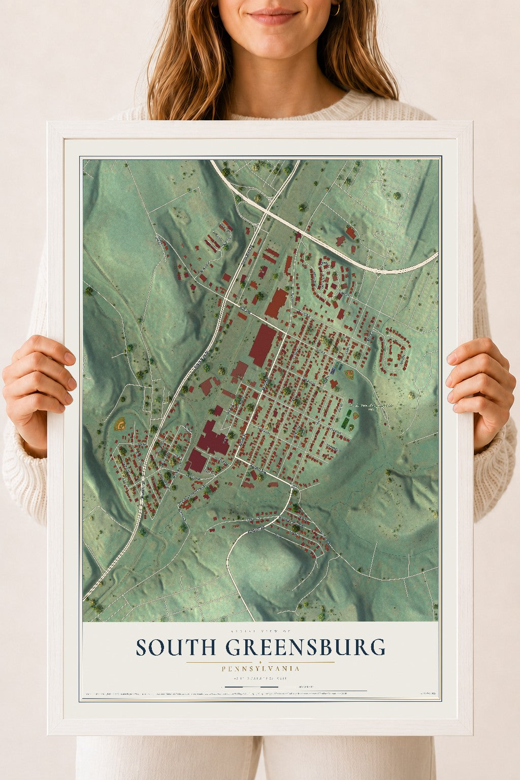 Map of South Greensburg, Pennsylvania, 18 x 24 inch print in a white wood frame