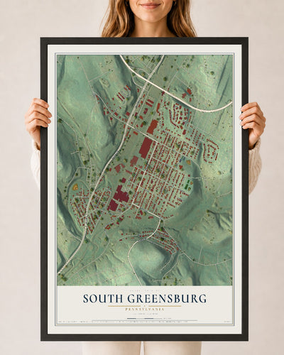 Map of South Greensburg, Pennsylvania, 24 x 36 inch print in a black wood frame