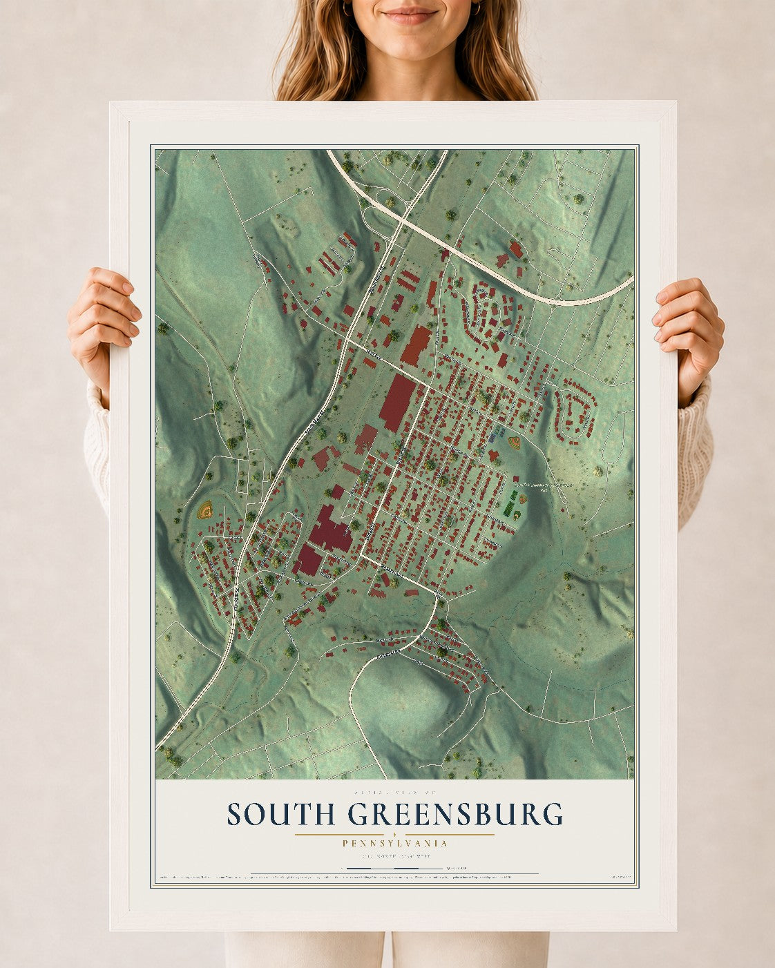 Map of South Greensburg, Pennsylvania, 24 x 36 inch print in a white wood frame