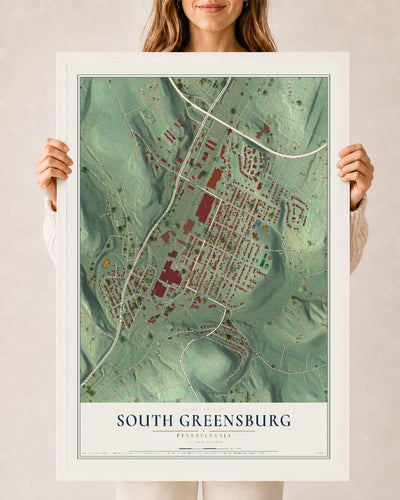 Map of South Greensburg, Pennsylvania, 24 x 36 inch print in a white wood frame