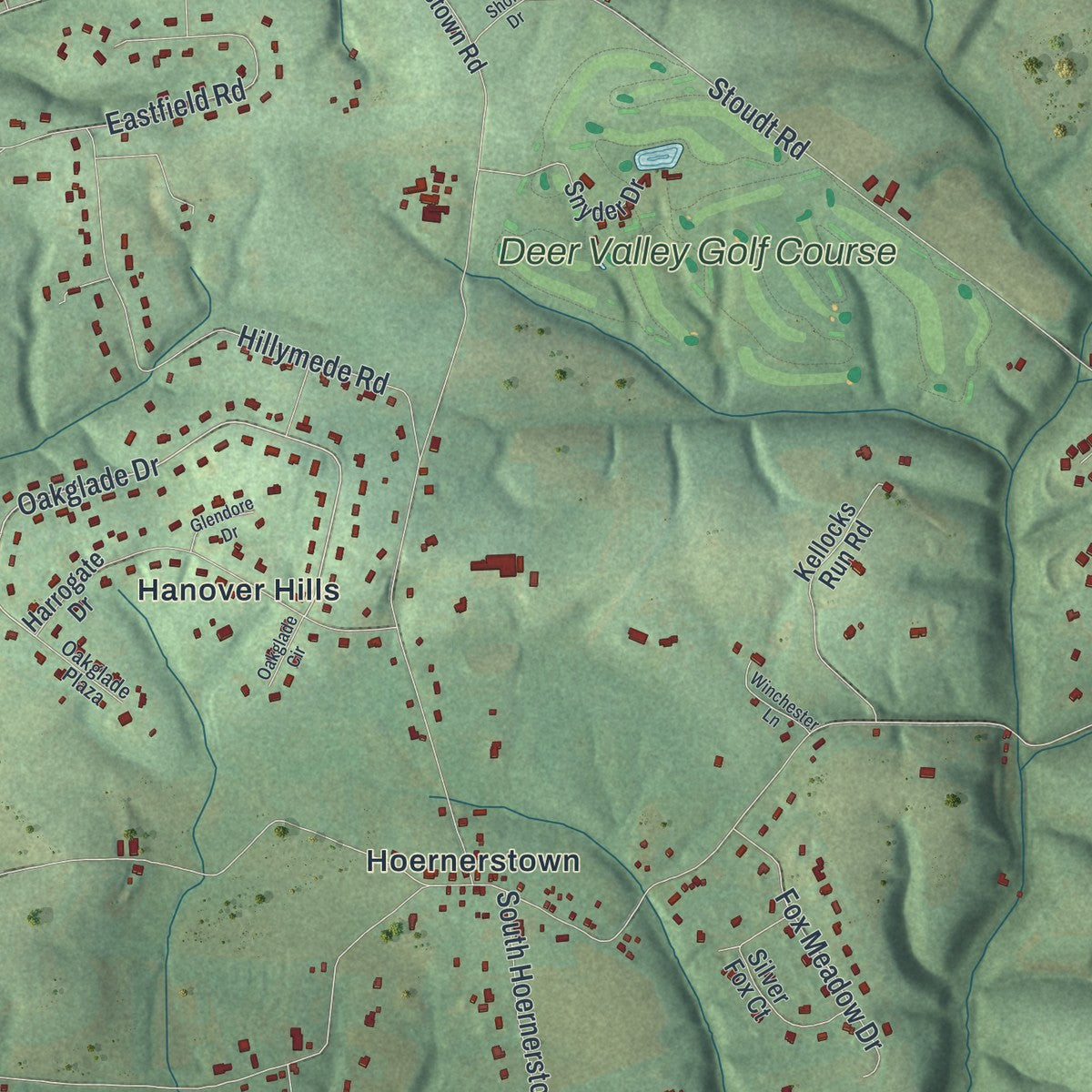 Second close-up of the map of South Hanover, Pennsylvania print showing more streets and buildings