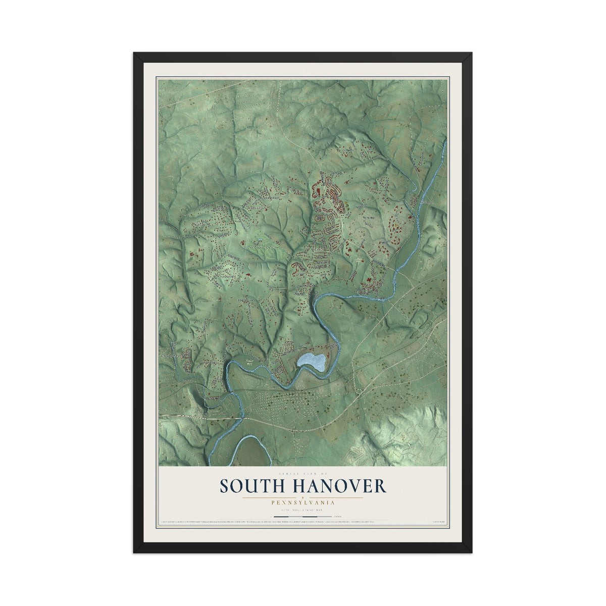 Map of South Hanover, Pennsylvania, 12 x 18 inch print in a black wood frame
