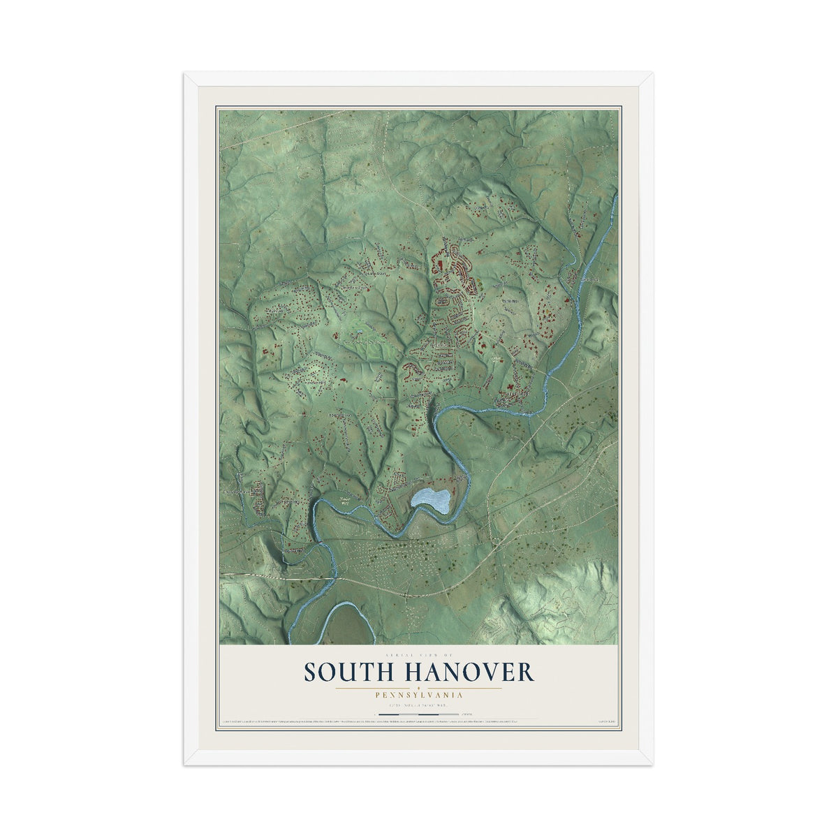 Map of South Hanover, Pennsylvania, 12 x 18 inch print in a white wood frame