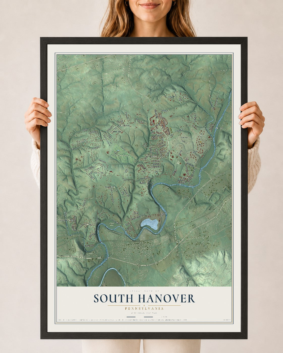 Map of South Hanover, Pennsylvania, 24 x 36 inch print in a black wood frame