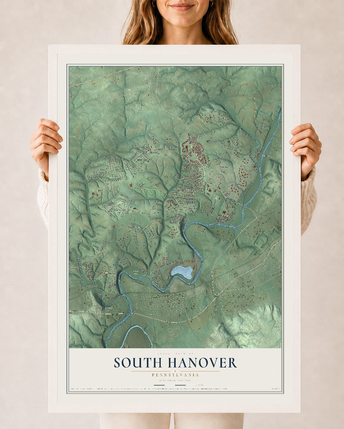 Map of South Hanover, Pennsylvania, 24 x 36 inch print in a white wood frame